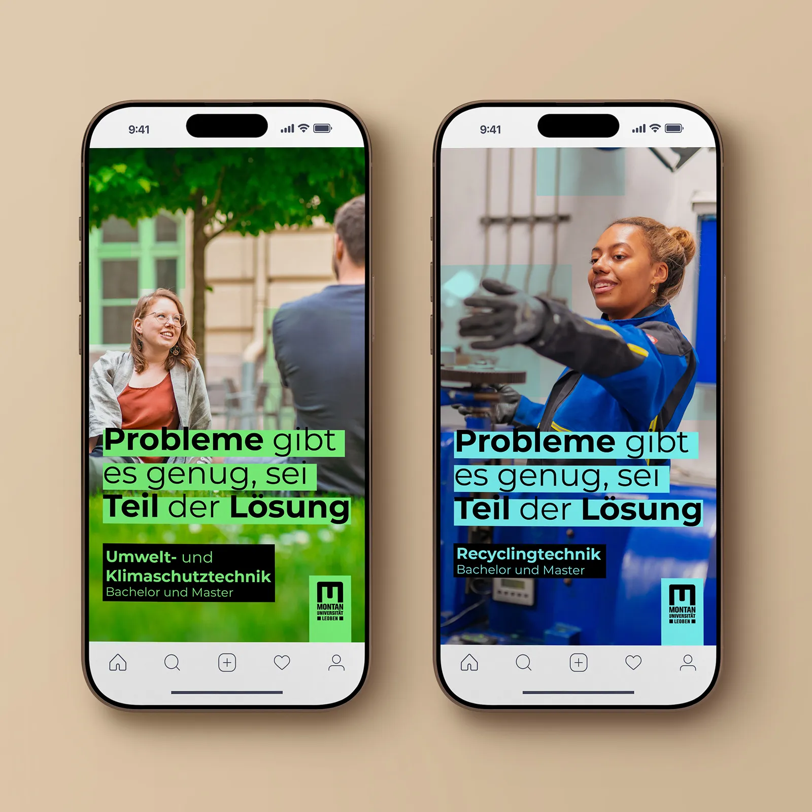 Zwei Social Media Storygrafiken zur Bewerbung der zwei Umweltschutz-Studiengänge der Montanuniversität.