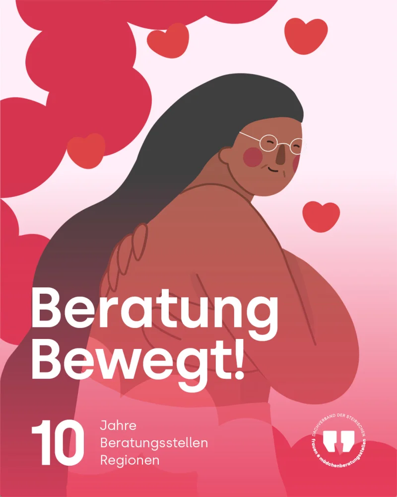 Illustration aus der Beratung-Bewegt Kampagne: Eine ältere Frau, die sich selbst umarmt und mit sich zufrieden ist.