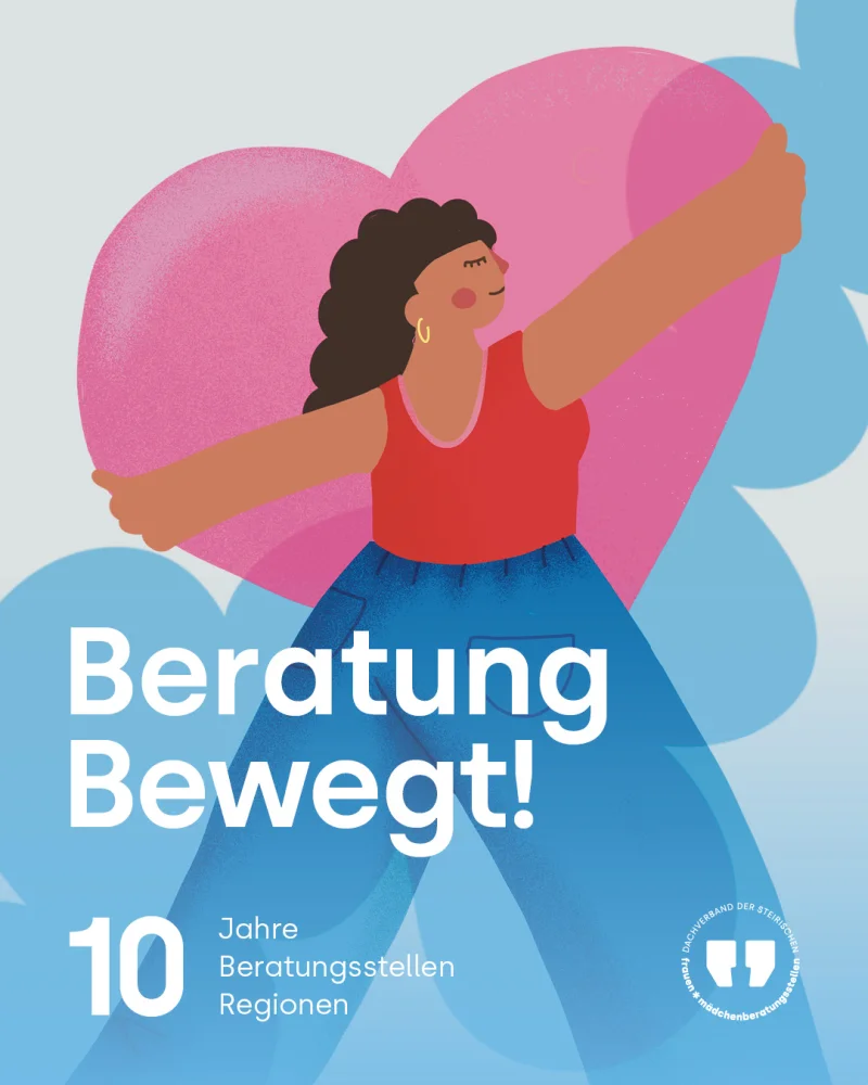 Illustration aus der Beratung-Bewegt Kampagne: Eine Frau posiert mit einem Herz in den Armen