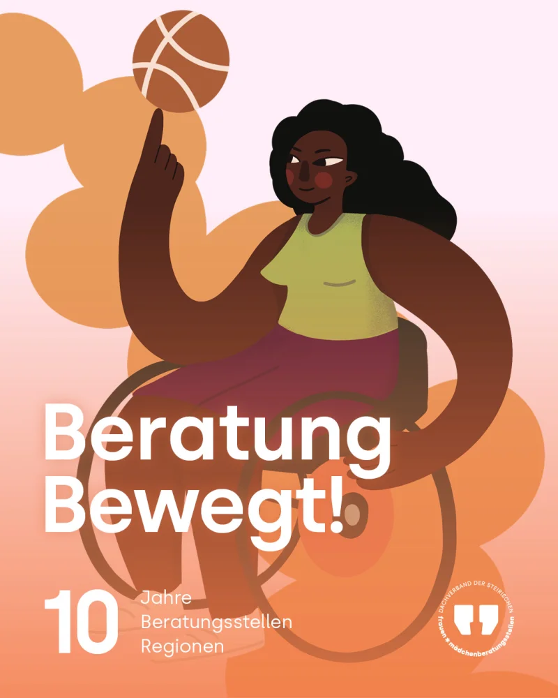 Illustration aus der Beratung-Bewegt Kampagne: Eine junge Frau im Rollstuhl spielt Basketball